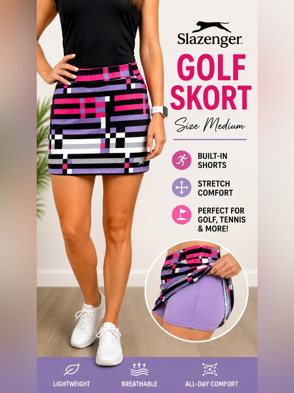 Slazenger Golf Skort Women’s M Pink Black Geometric Built-In Shorts Pockets - Picture 4 of 11